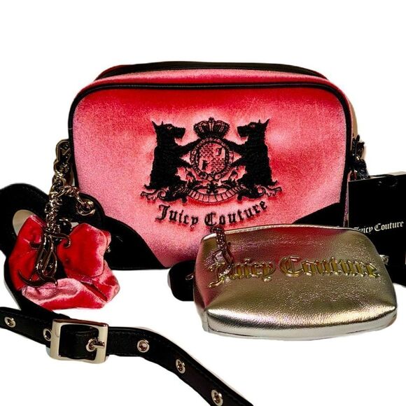 Juicy Couture Hollyhock Candy Pink Velour & Black Faux Leather Crossbody Bag - Picture 2 of 15